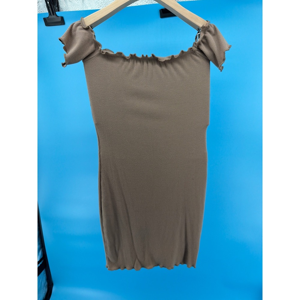 Heart & Hips Taupe Ribbed Off Shoulder Lettuce Edge Mini Bodycon Dress Small